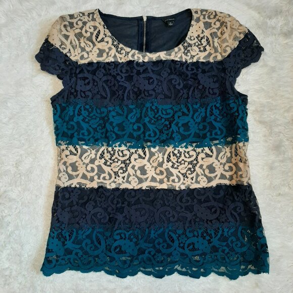 Ann Taylor Women's Blue and Beige Lace Tank Top Size M - Picture 2 of 7